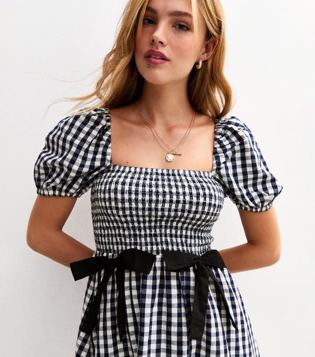 New Look Women's Navy Gingham Check Bow Applique Mini Dress New Look - 3