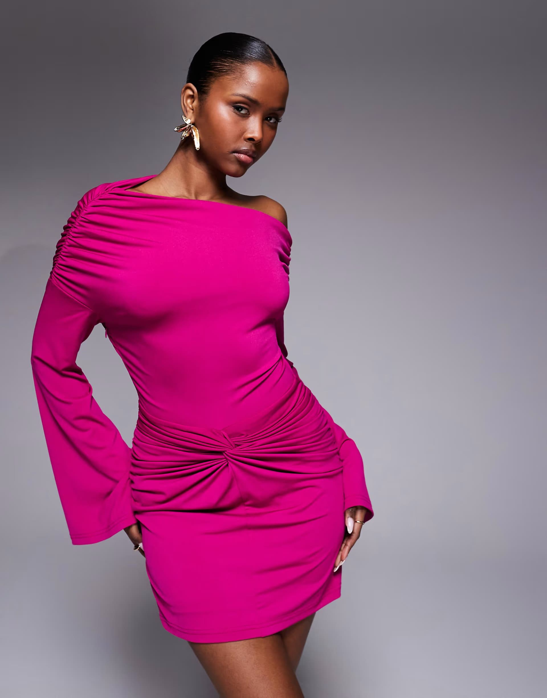 ASOS Ruched & Ready sculpting off shoulder wide sleeve twist skirt detail mini dress in cerise