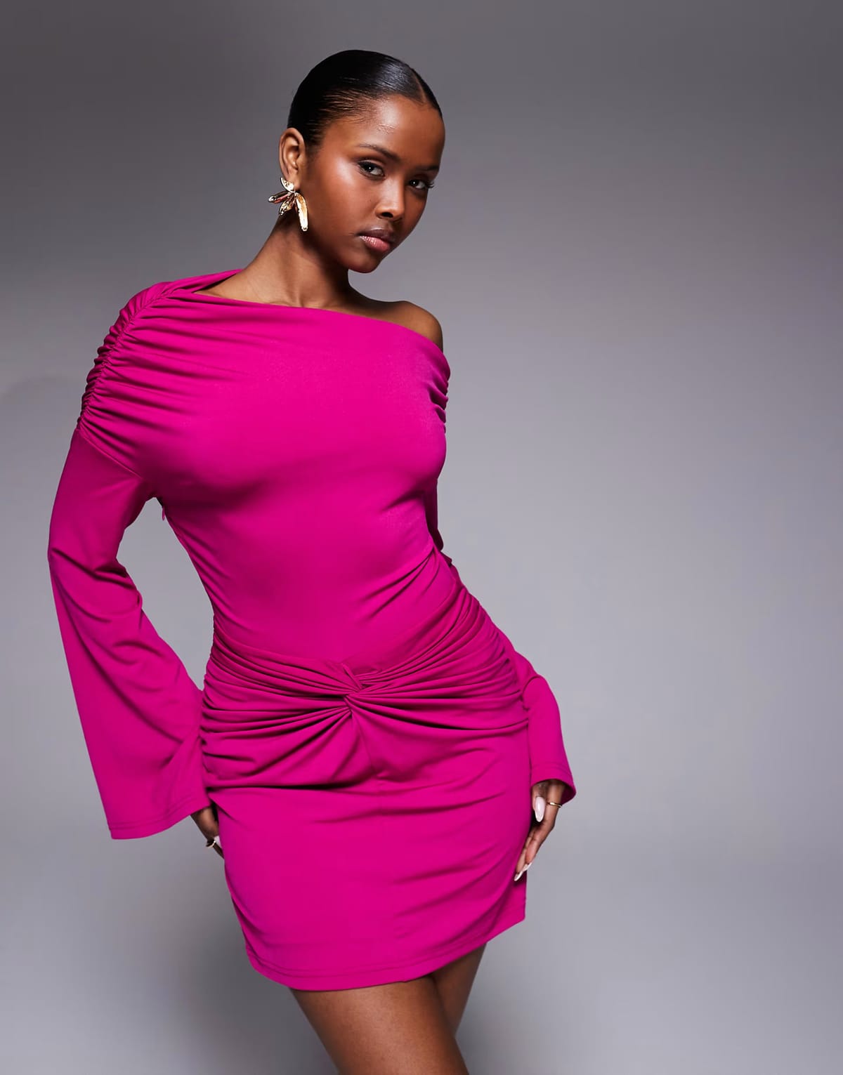 ASOS Ruched & Ready sculpting off shoulder wide sleeve twist skirt detail mini dress in cerise - 1