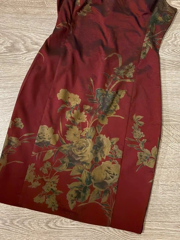 Bhs Vintage BHS Burgundy Floral Occasion Dress UK Size 10 Satin Sheen Cocktail Party Wedding Guest