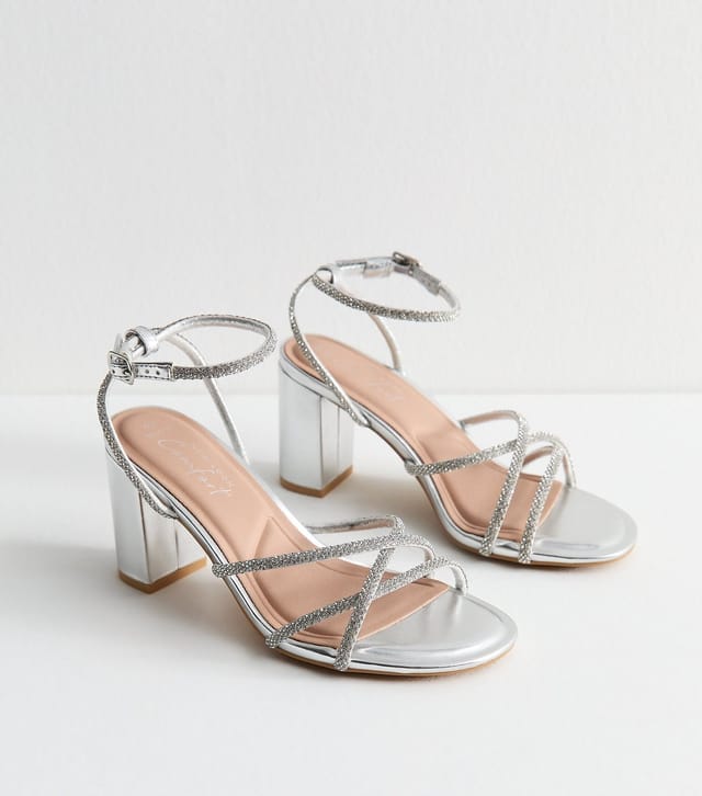 New Look Women's Wide Fit Silver Diamanté Strap Block Heel Sandals Vegan New Look - 2