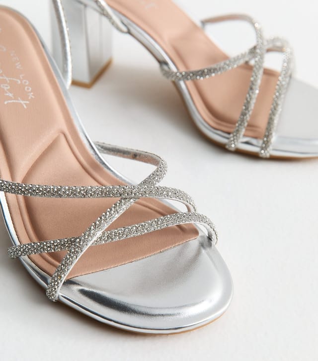 New Look Women's Wide Fit Silver Diamanté Strap Block Heel Sandals Vegan New Look - 3