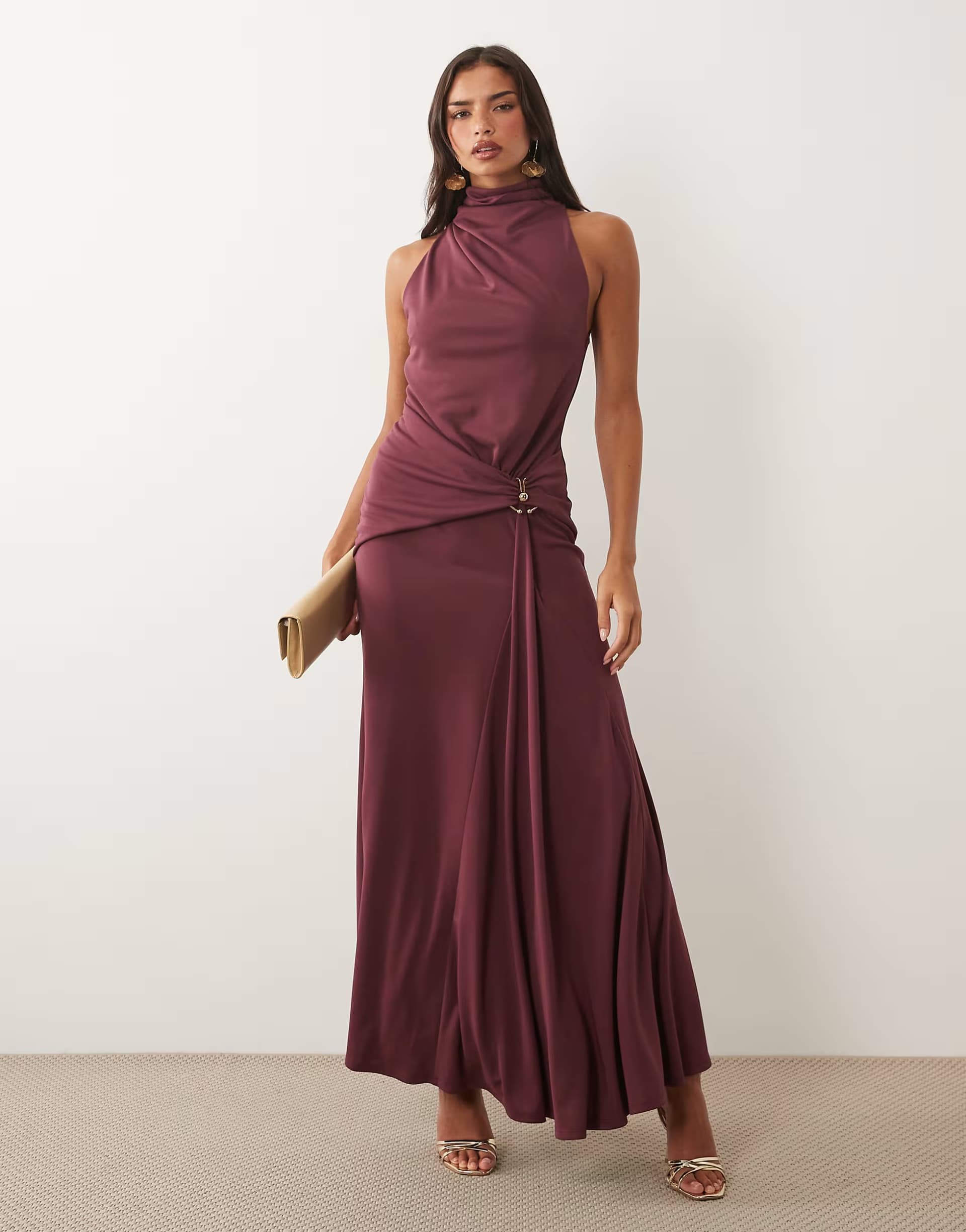 ASOS ASOS DESIGN high neck drape maxi dress with trim detail in mauve