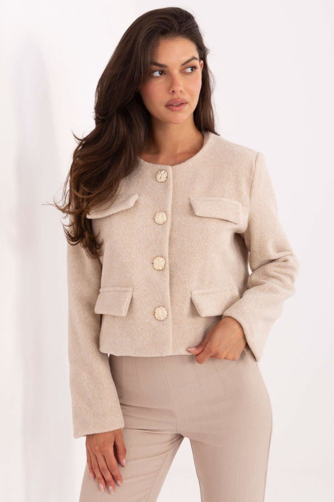 Love Lace Love Lace Beige Polyester Short Cut Button Up Jacket