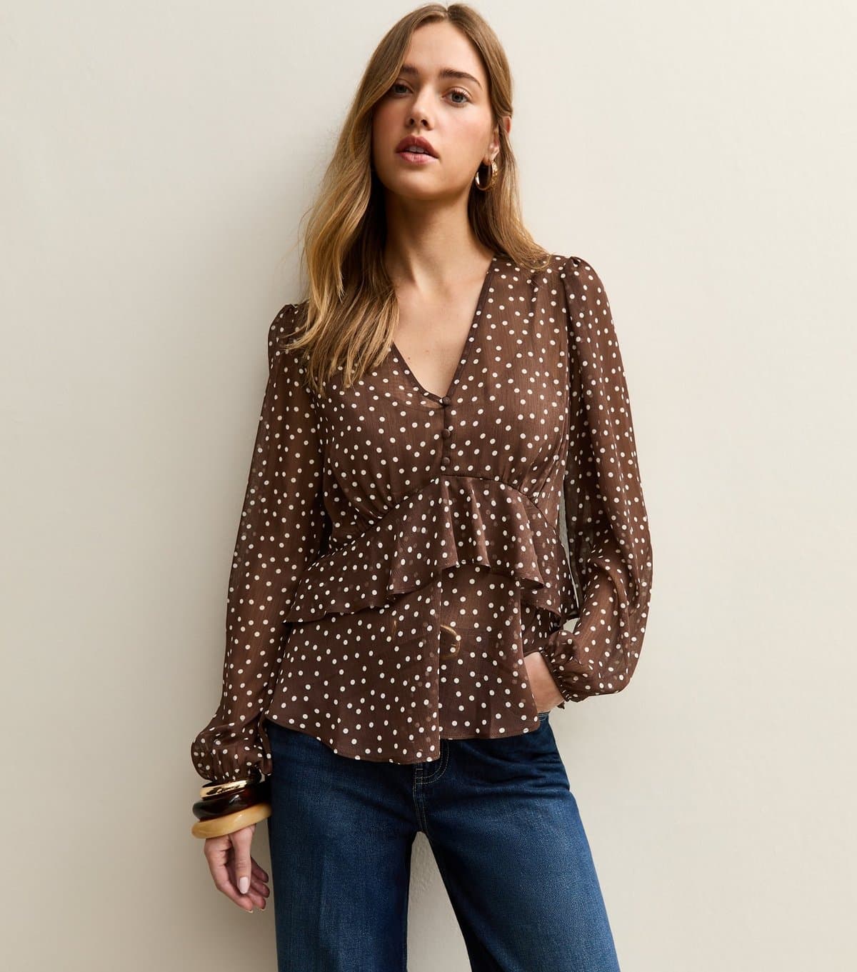 New Look New Look Brown Polka Dot V-Neck Chiffon Blouse