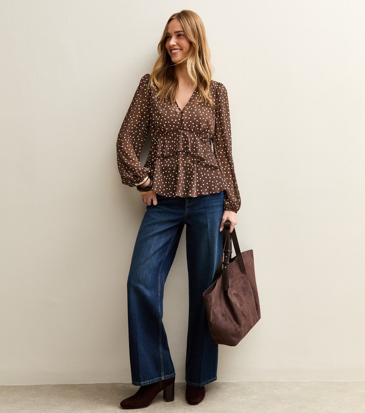 New Look Women's Dark Brown Polka Dot V- Neck Chiffon Tea Blouse New Look - 2