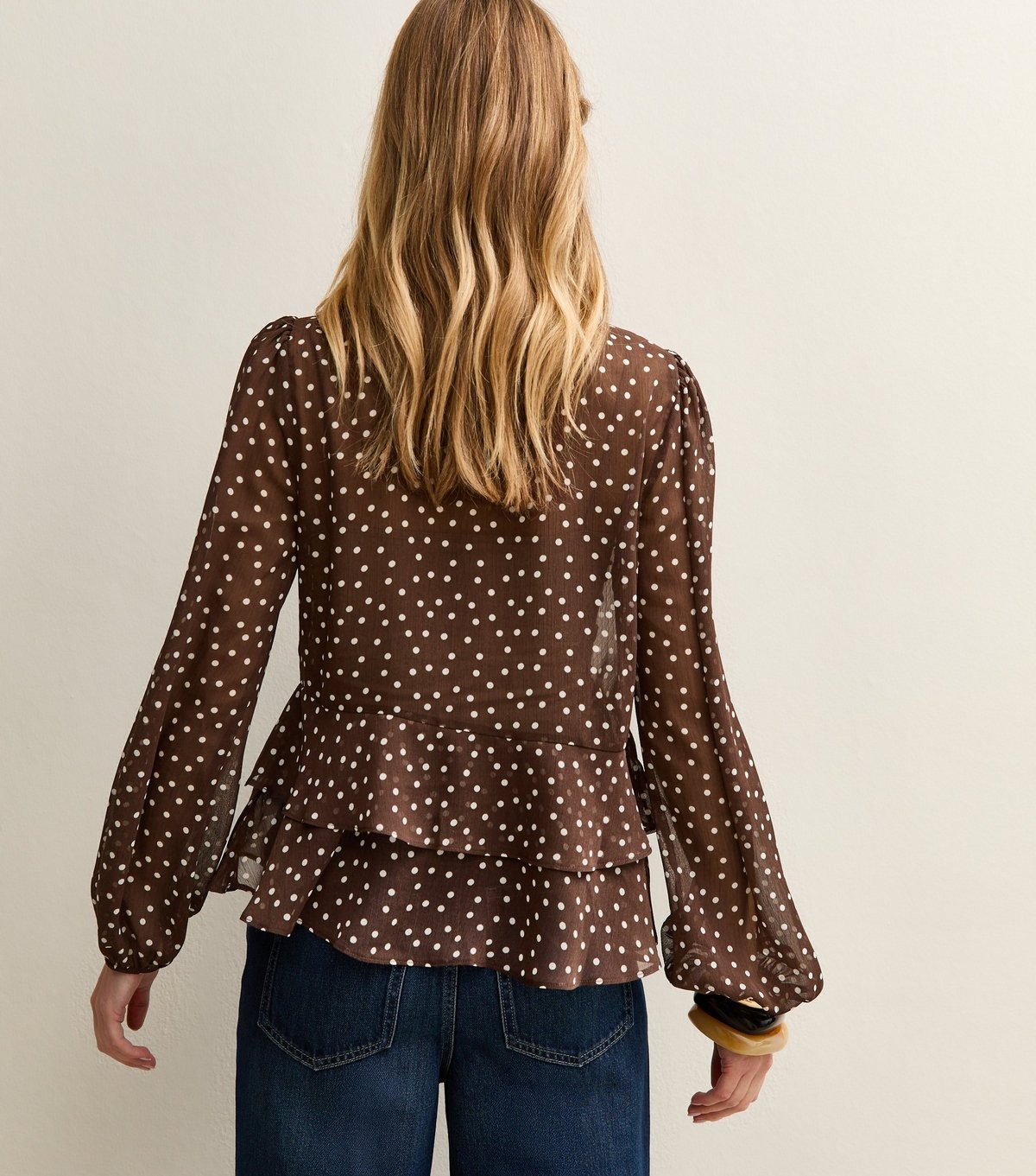 New Look Women's Dark Brown Polka Dot V- Neck Chiffon Tea Blouse New Look - 4