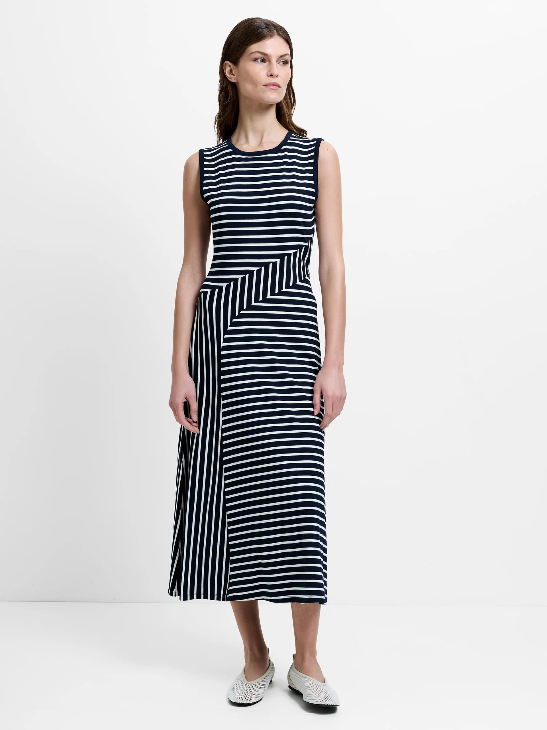 French Connection Kyra Jersey Striped Sleeveless Midi Dress Navy/Summer White