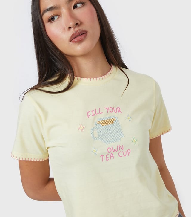 Skinnydip Women's Bright Yellow Fill Your Own Tea Cup Baby Tee T-shirt Skinnydip New Look - 3