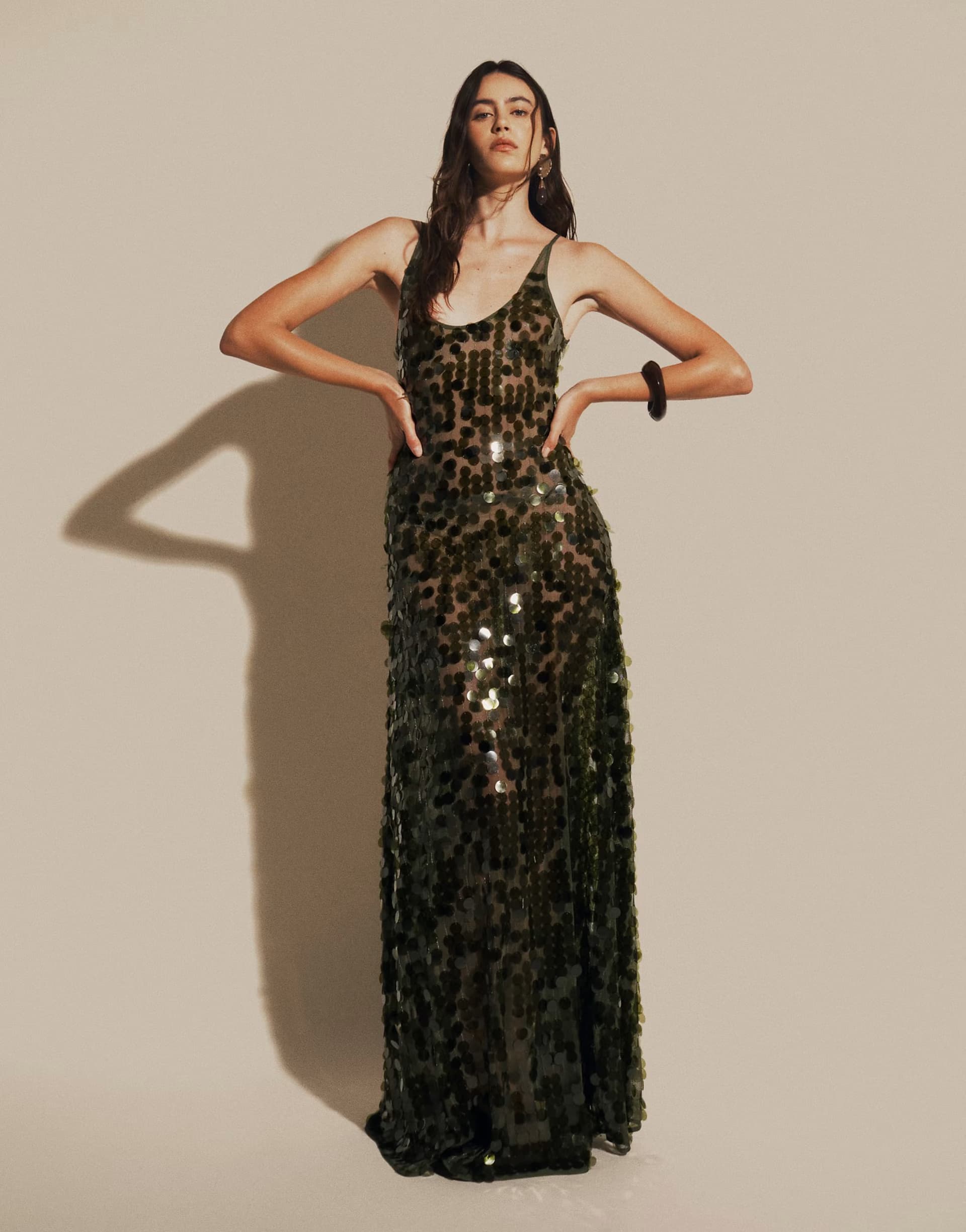 ASOS ASOS DESIGN disc scatter sequin scoop neck maxi dress in dark olive