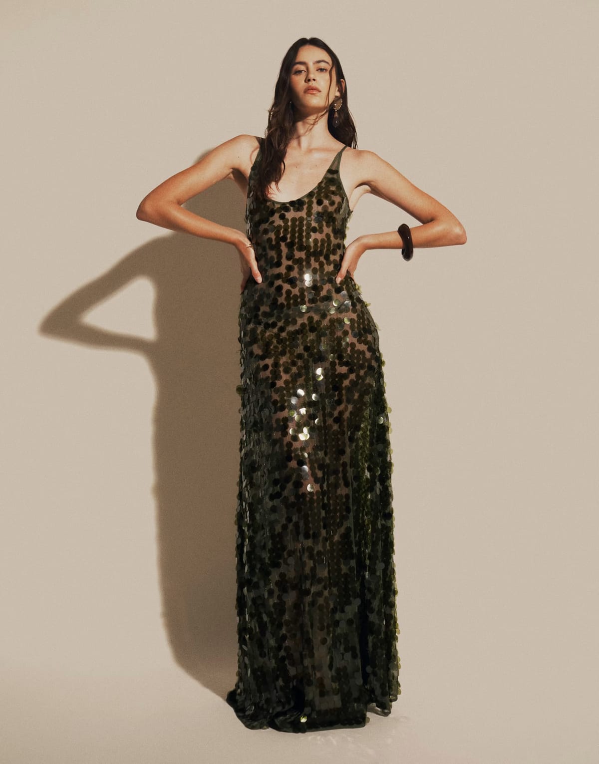 ASOS ASOS DESIGN disc scatter sequin scoop neck maxi dress in dark olive - 1