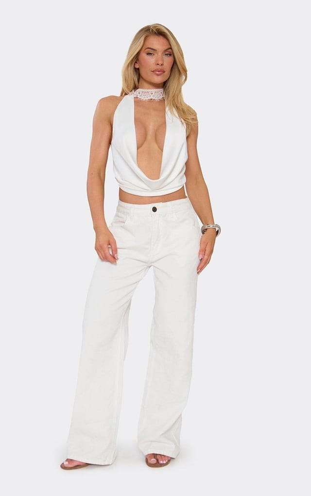 EGO High Lace Neck Cowl Front Tie Back Top In White Satin, Women's Size UK 6 - 2
