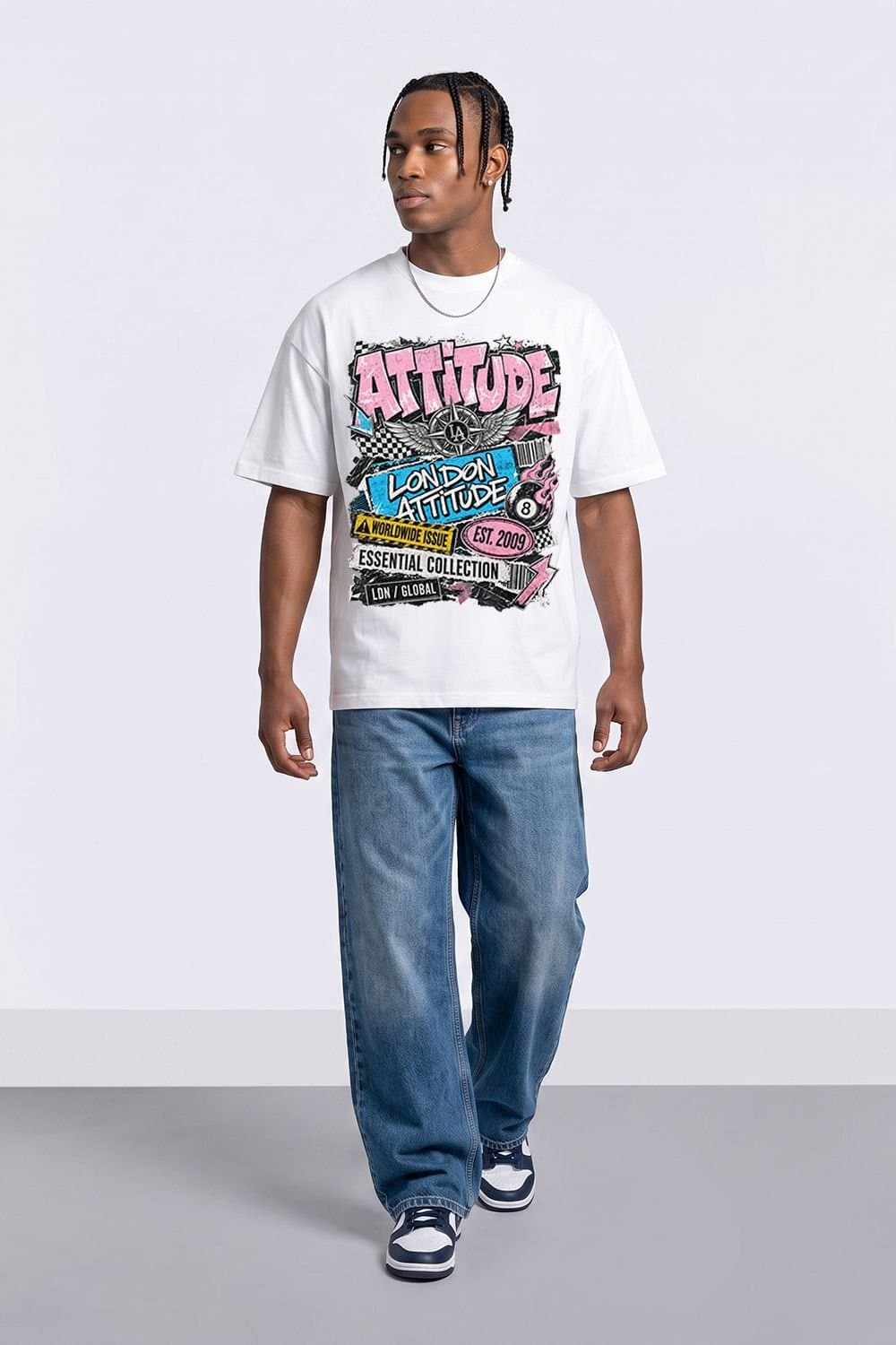 LONDON ATTITUDE LONDON ATTITUDE Men's Retro Graphic Oversized Heavyweight Streetwear T-Shirt in White