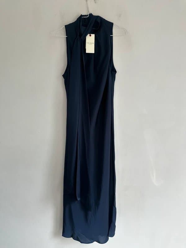 Ted Baker £250 Ted baker occasion dress navy satin halterneck midi long neck tie pussy bow navy satin 3 Uk 12