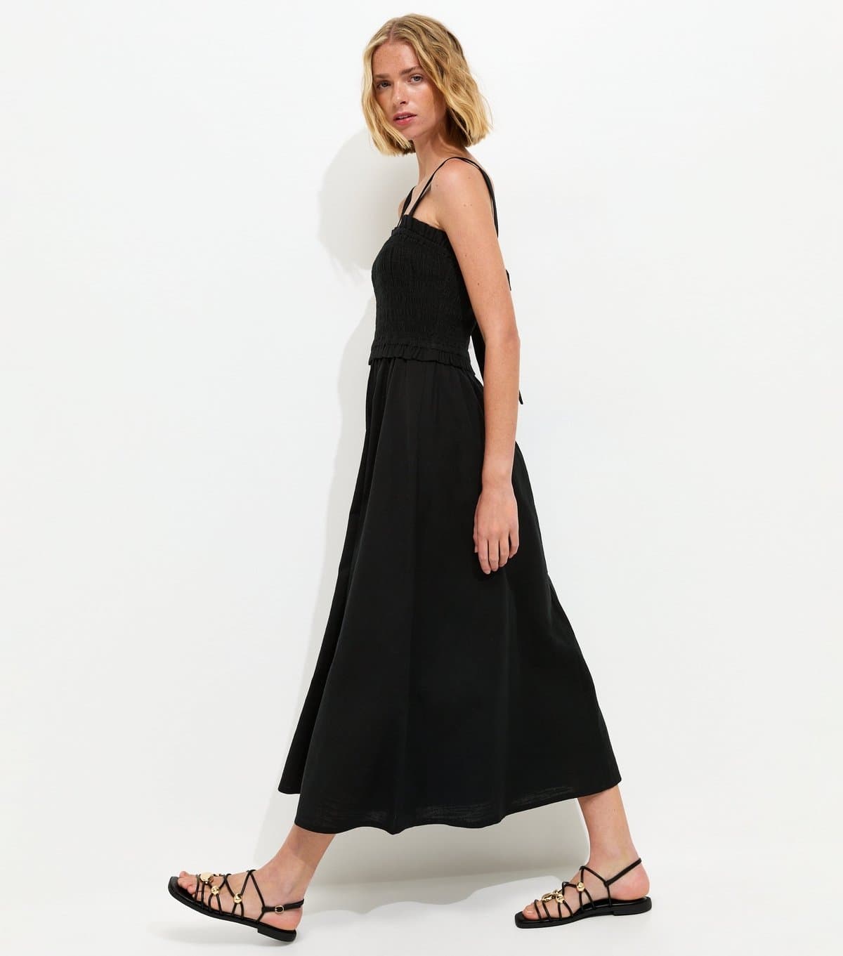 New Look Women's Black Cotton Shirred Bow Strap Midi Dress New Look