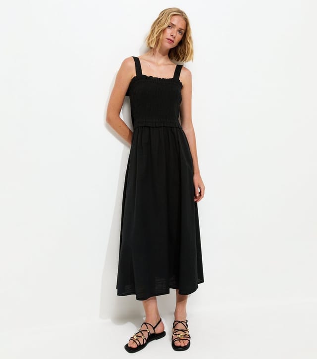 New Look Women's Black Cotton Shirred Bow Strap Midi Dress New Look - 2