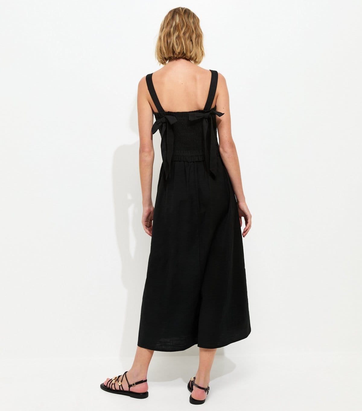 New Look Women's Black Cotton Shirred Bow Strap Midi Dress New Look - 4