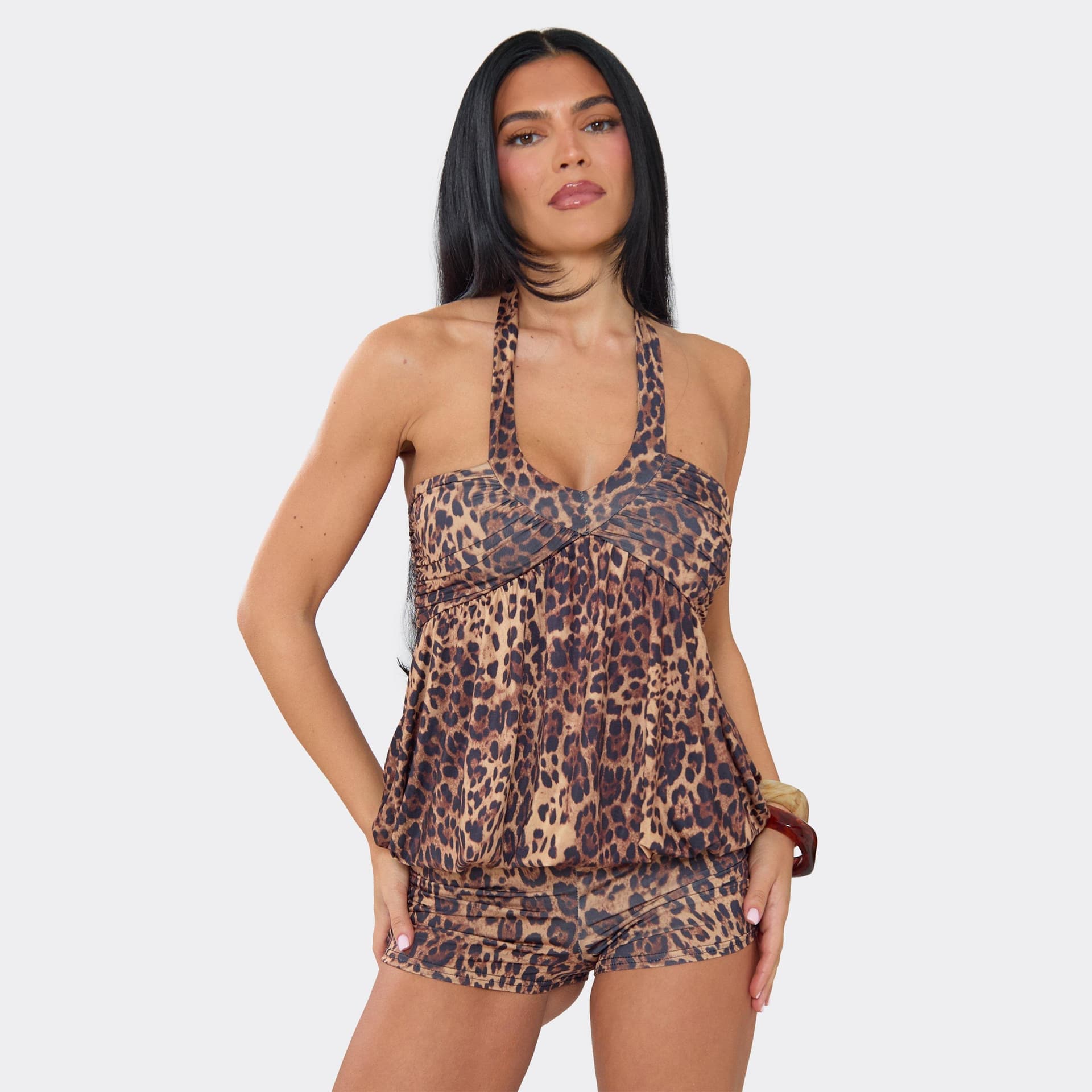 EGO Halterneck Blouson Playsuit In Brown Leopard Print., Women's Size UK 6