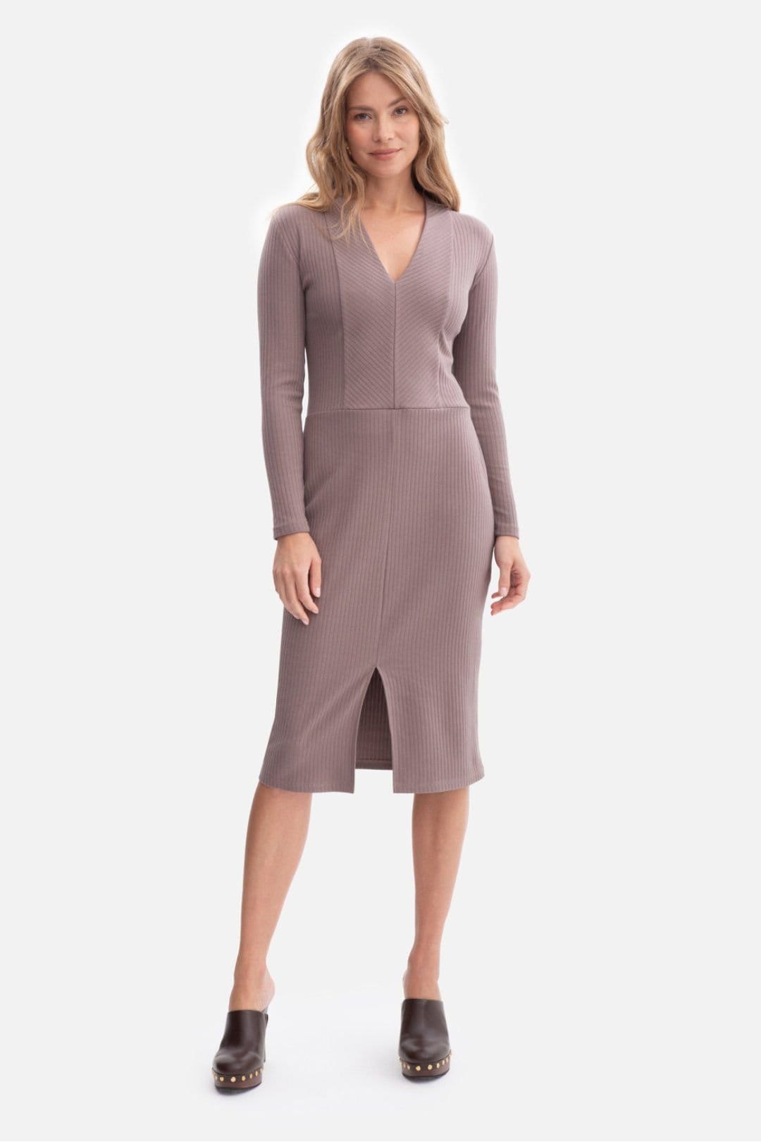 Love Lace Love Lace Women's Ribbed V Neck Midi Fitted Dress with Slit in Brown - 1