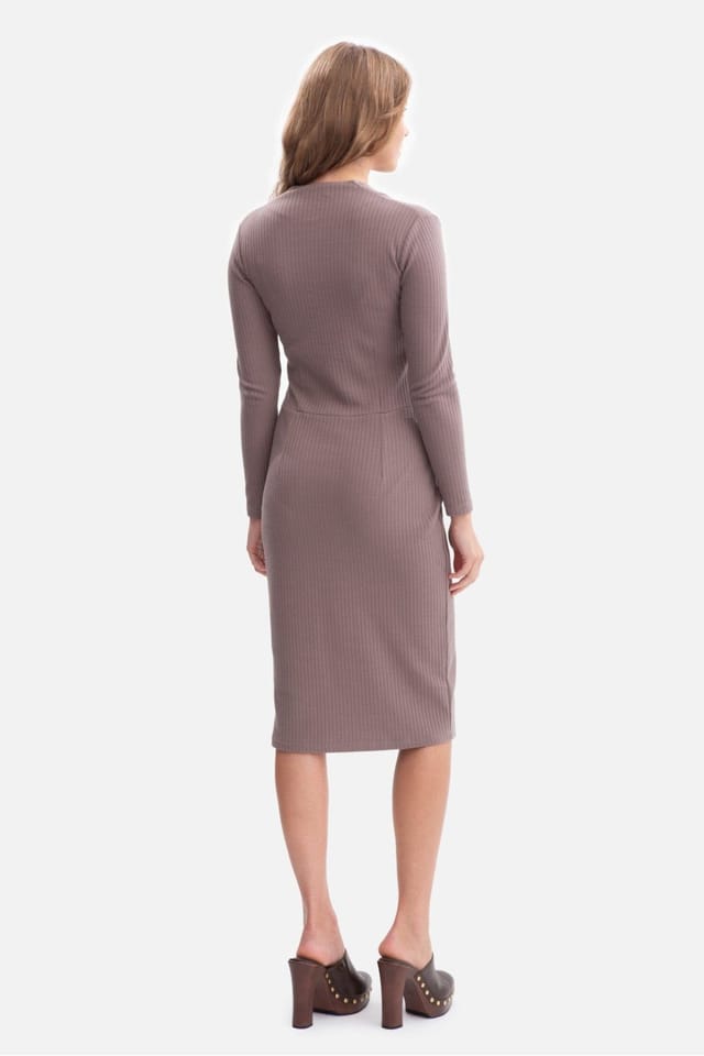 Love Lace Love Lace Women's Ribbed V Neck Midi Fitted Dress with Slit in Brown - 2