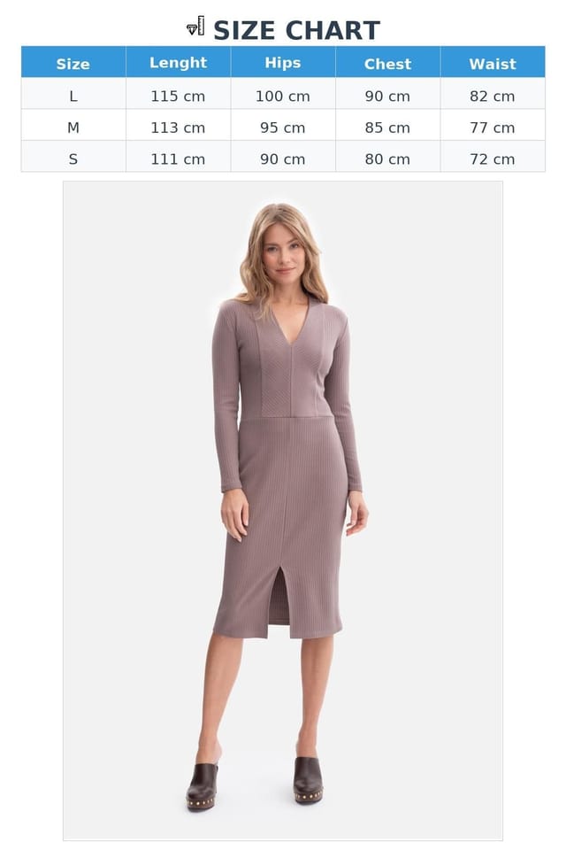 Love Lace Love Lace Women's Ribbed V Neck Midi Fitted Dress with Slit in Brown - 3