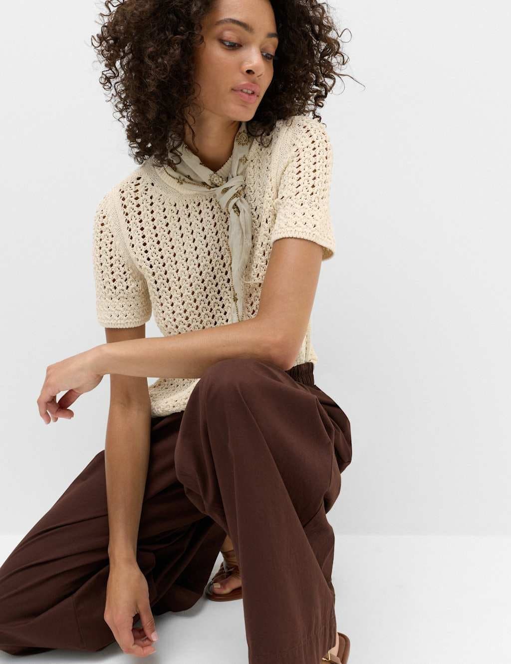 Marks & Spencer M&S Cotton Blend Textured Knitted Top Ivory