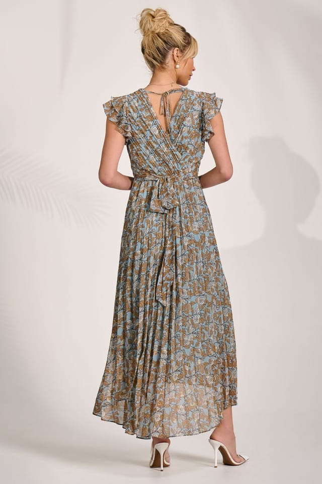 Jolie Moi Jolie Moi Women's Pleated Chiffon Dip Hem Maxi Dress in Blue - 2