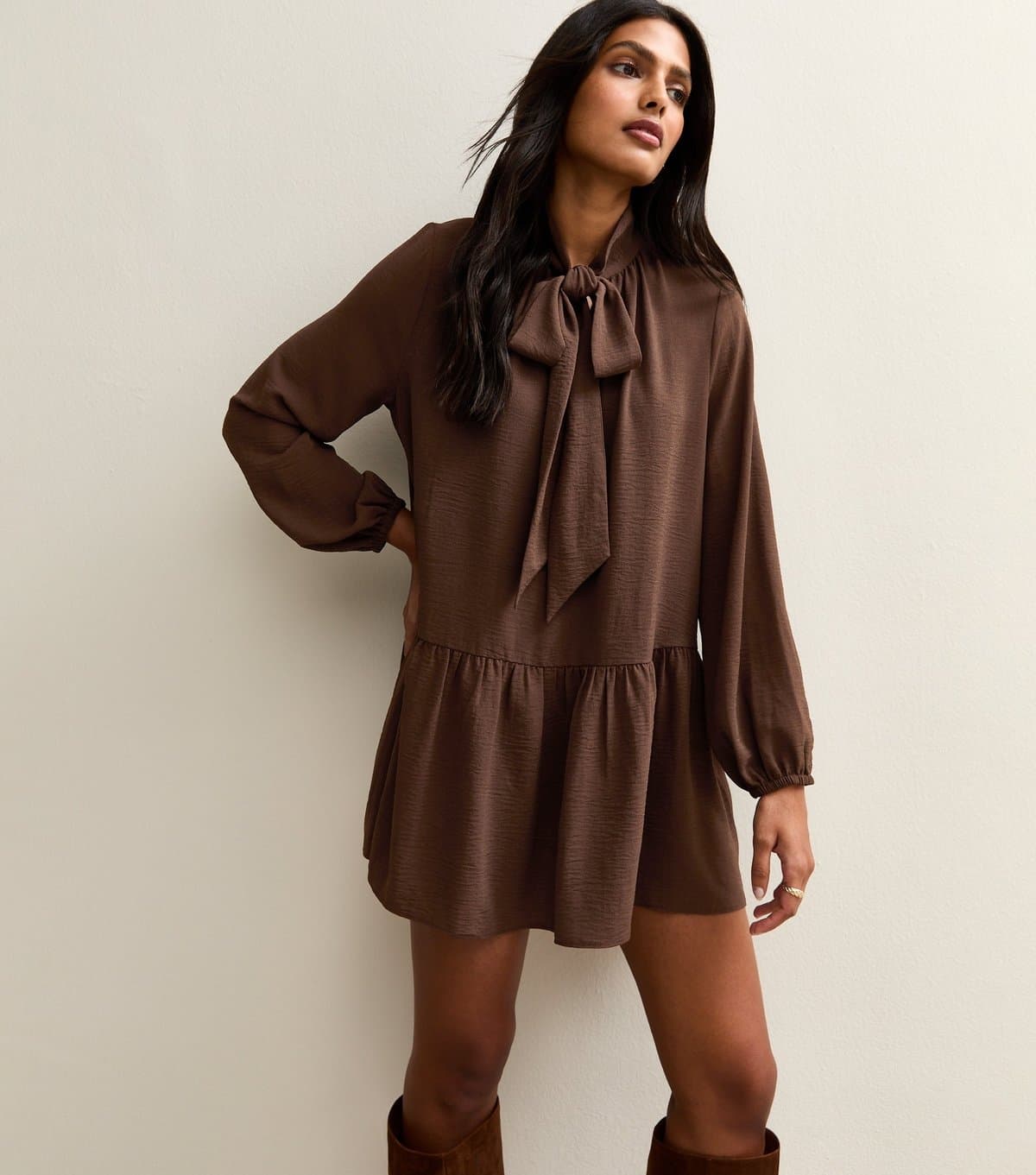 New Look Women's Dark Brown Tie Neck Smock Mini Dress New Look