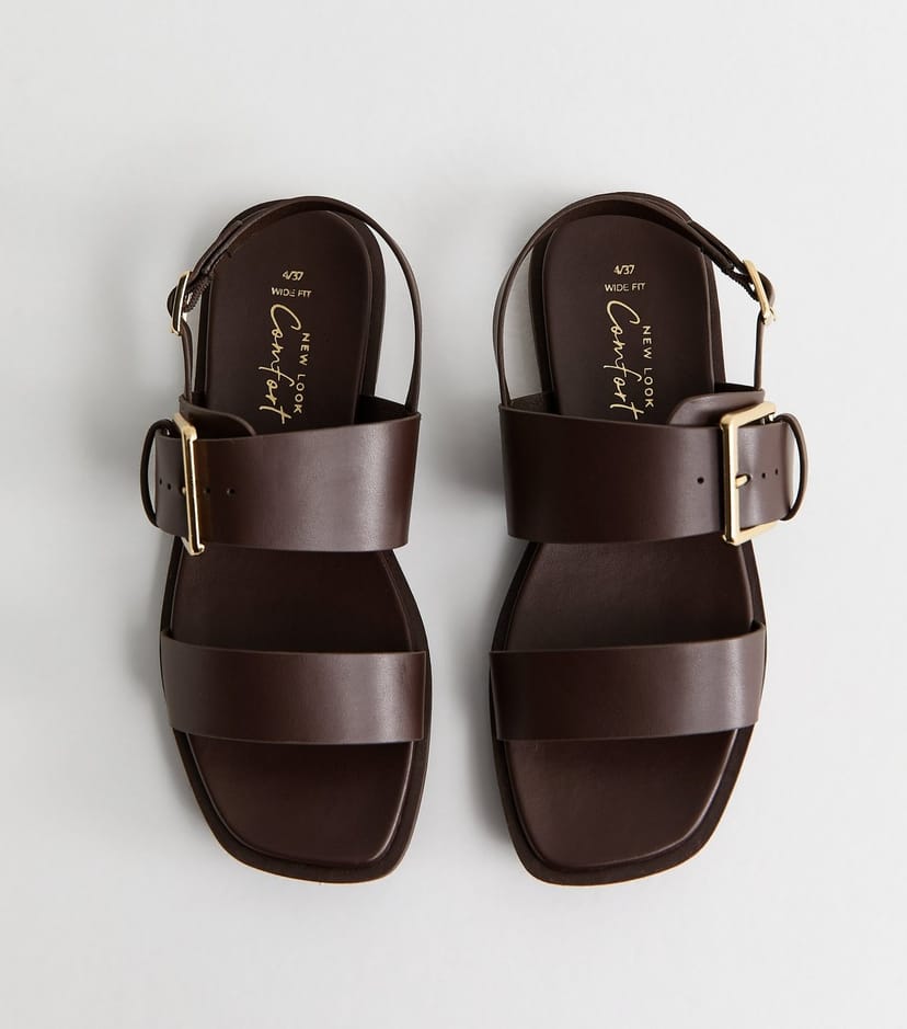 New Look Women's Wide Fit Brown Faux Leather Flat Slingback Sandals Vegan New Look - 1