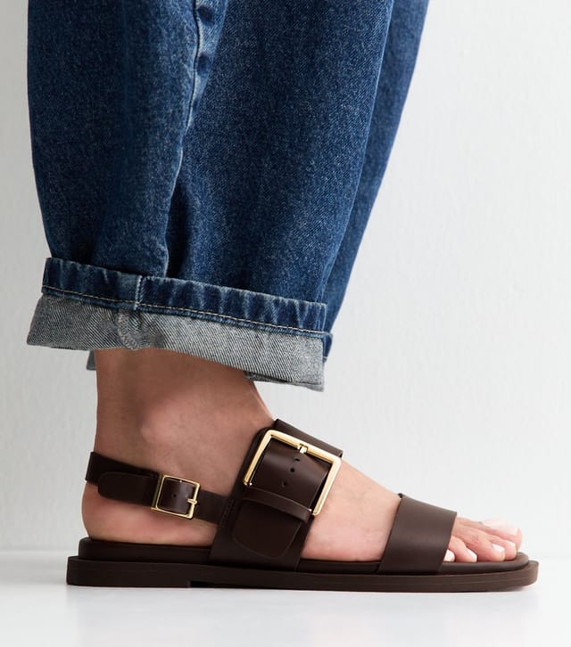 New Look Women's Wide Fit Brown Faux Leather Flat Slingback Sandals Vegan New Look - 2