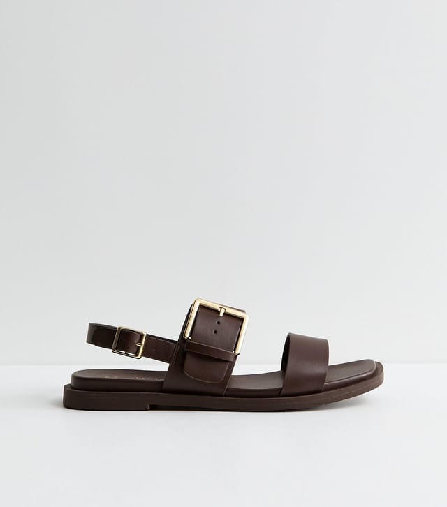 New Look Women's Wide Fit Brown Faux Leather Flat Slingback Sandals Vegan New Look - 3