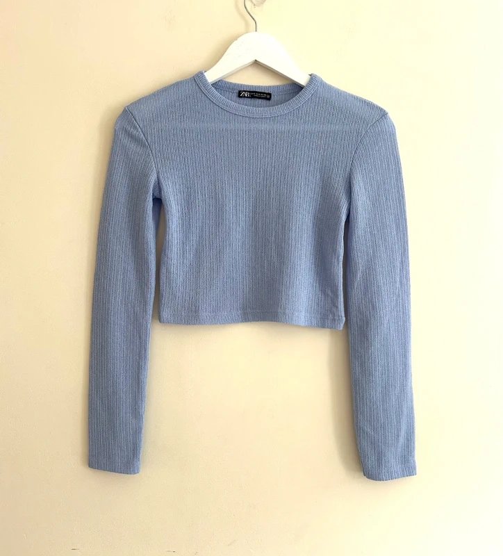 Zara ZARA blue ribbed knit long sleeve cropped jumper top | EUR S UK 8 | autumn layering basic - 1