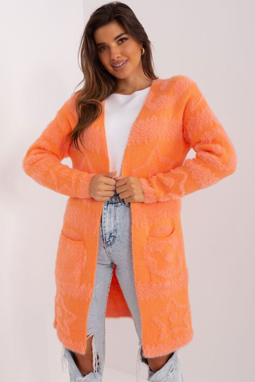 Love Lace Love Lace Women's Unbuttoned Textured Long Sleeve Cardigan in Orange
