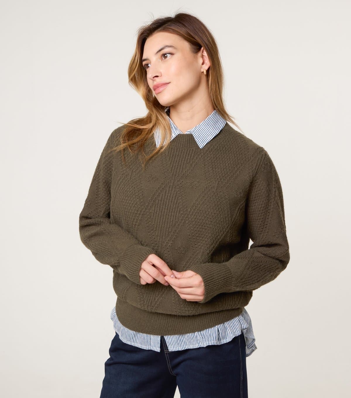 Blue Vanilla Women's Khaki Argyle Texture Jumper Blue Vanilla New Look