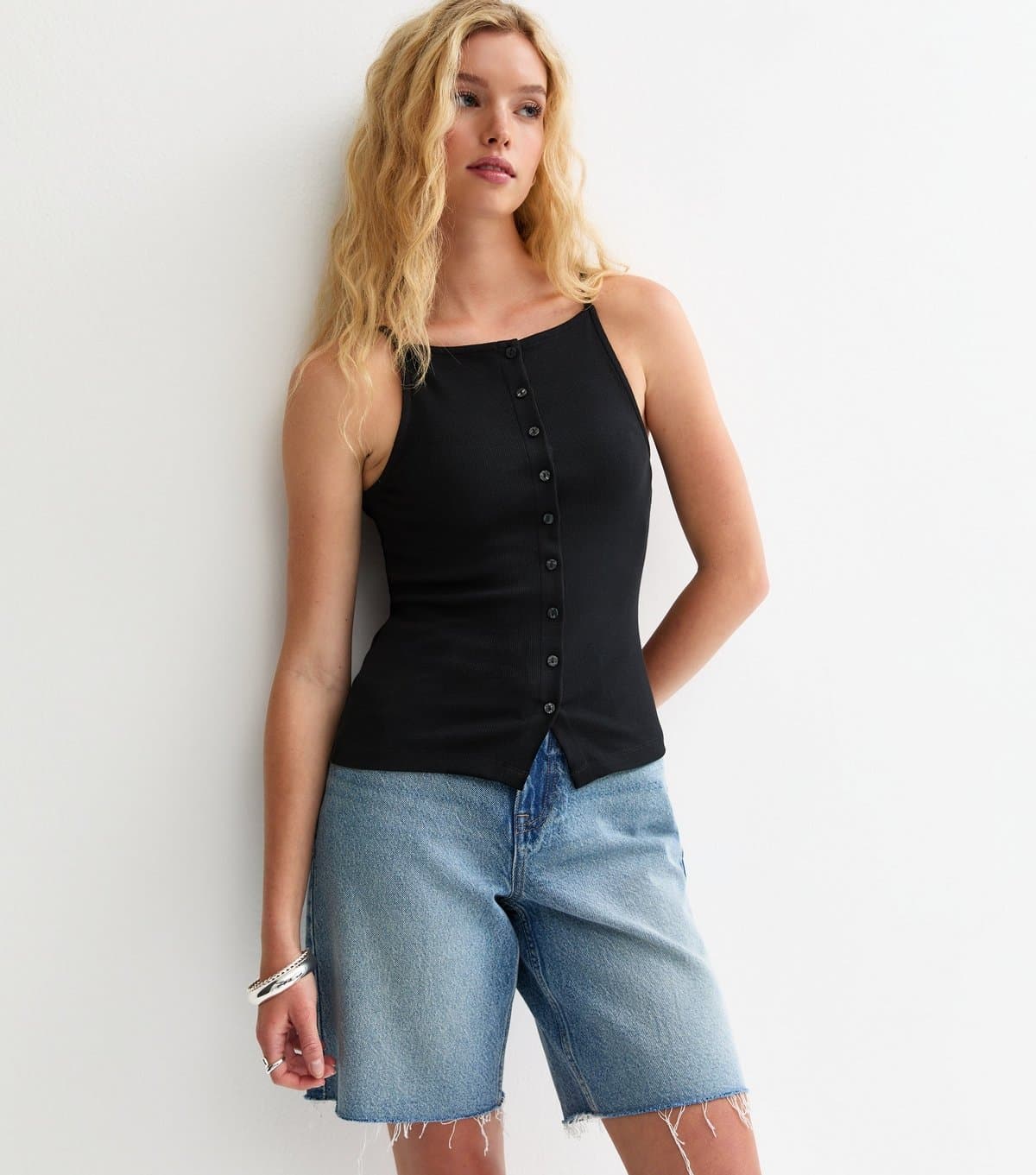 New Look Women's Black Ribbed Jersey Button Through Cami Top New Look