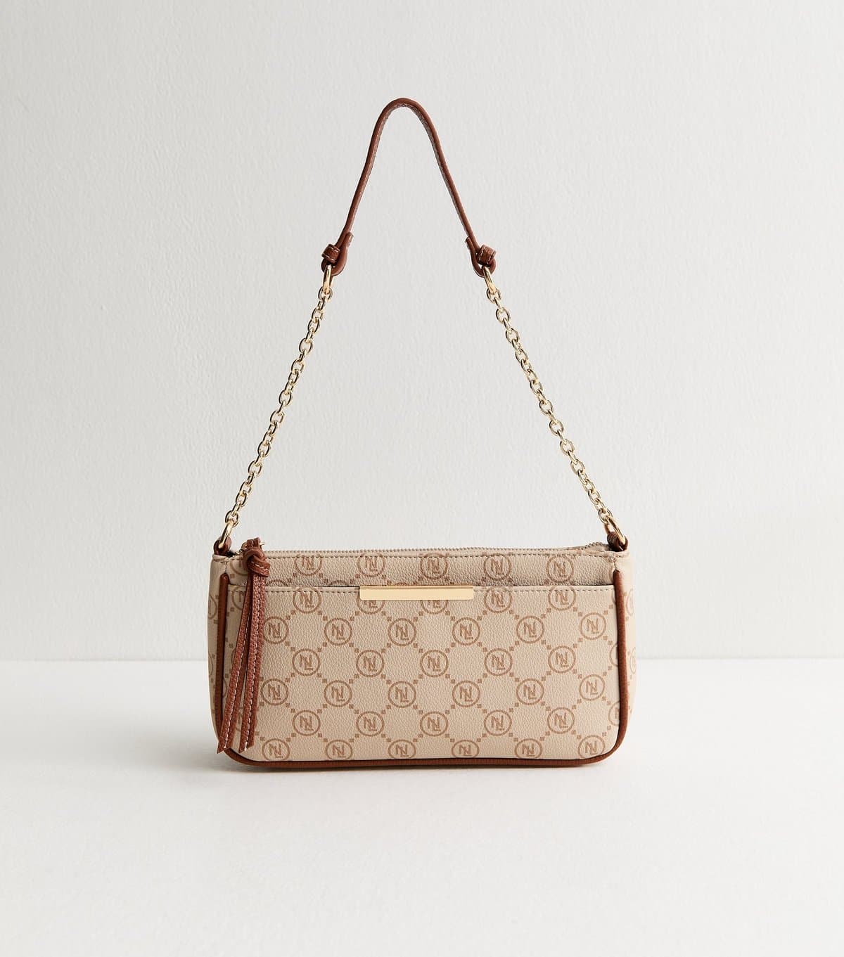 New Look Brown Faux Leather Monogram Shoulder Bag Vegan New Look