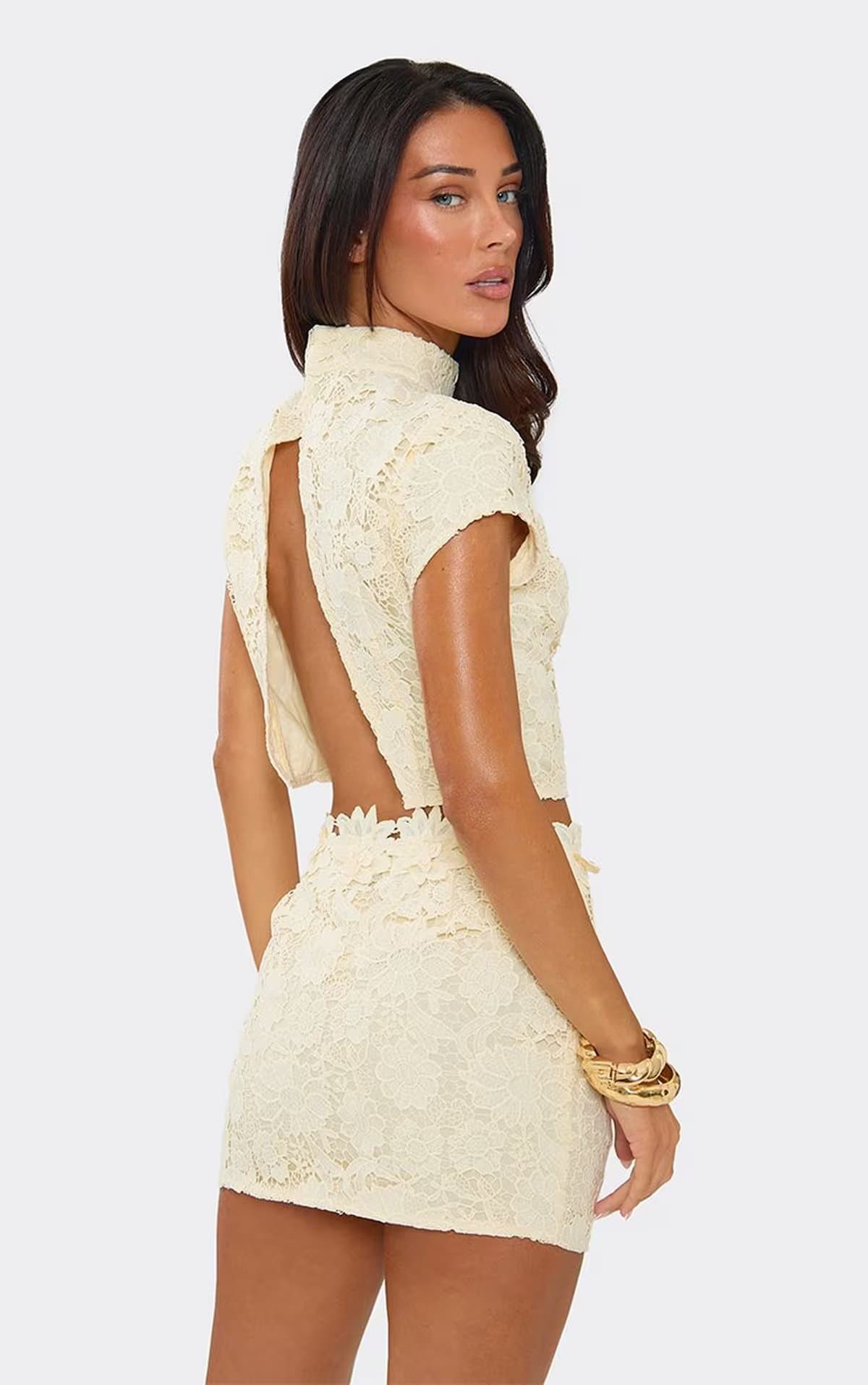 EGO High Neck Cap Sleeve Top In Lemon Floral Texture, Women's Size UK 8