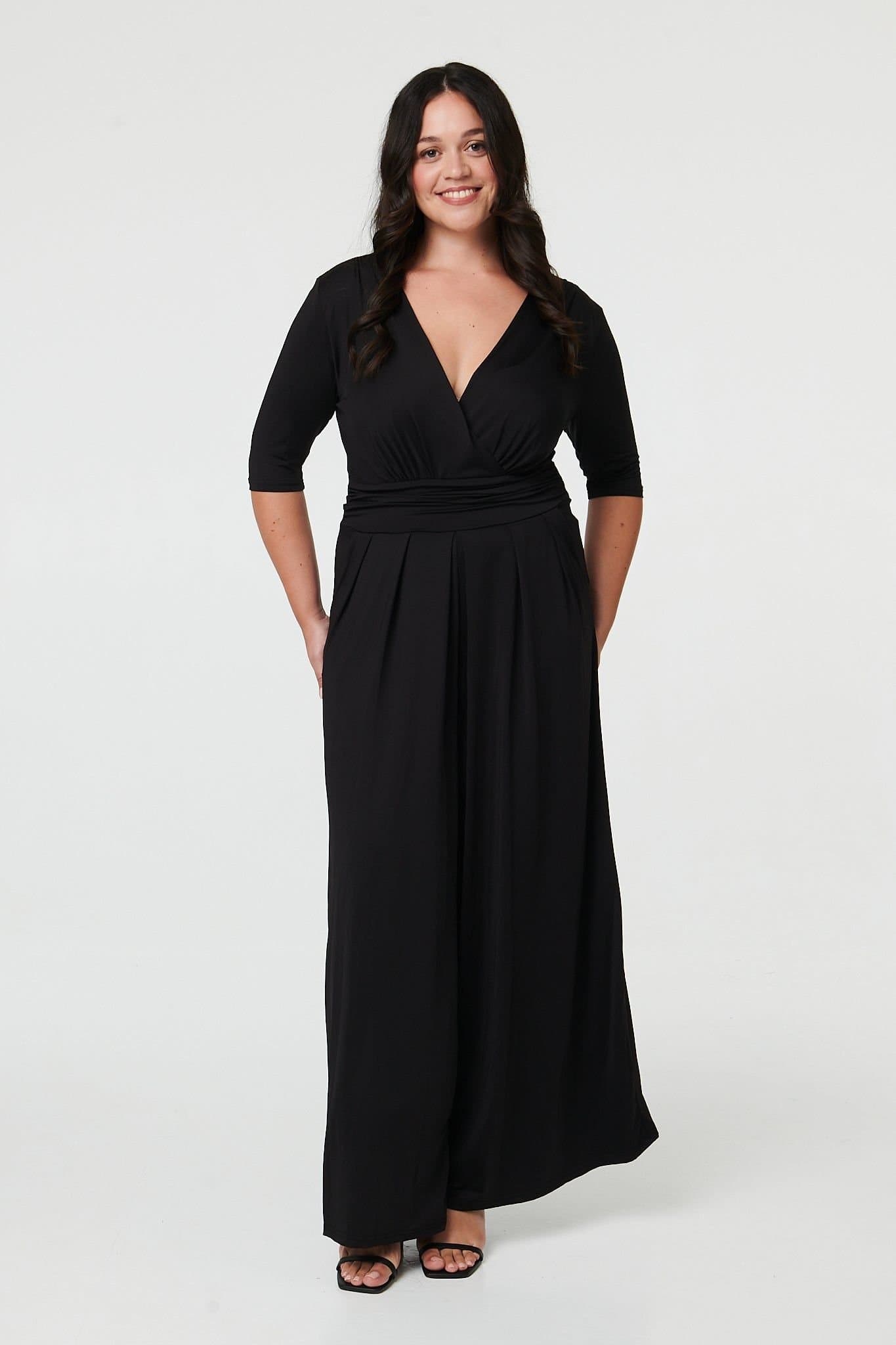 Izabel London Izabel London Women's Curve 1/2 Sleeve Wrap Wide Leg Jumpsuit in Black
