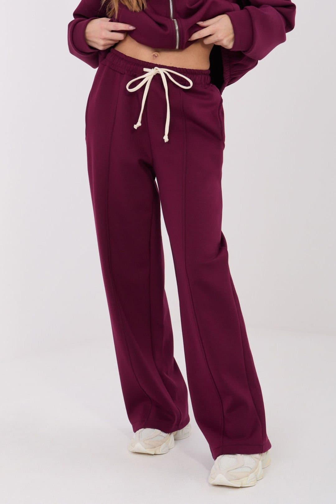 Love Lace Love Lace Women's High Waist Wide Leg Sweatpants with Tie in Burgundy