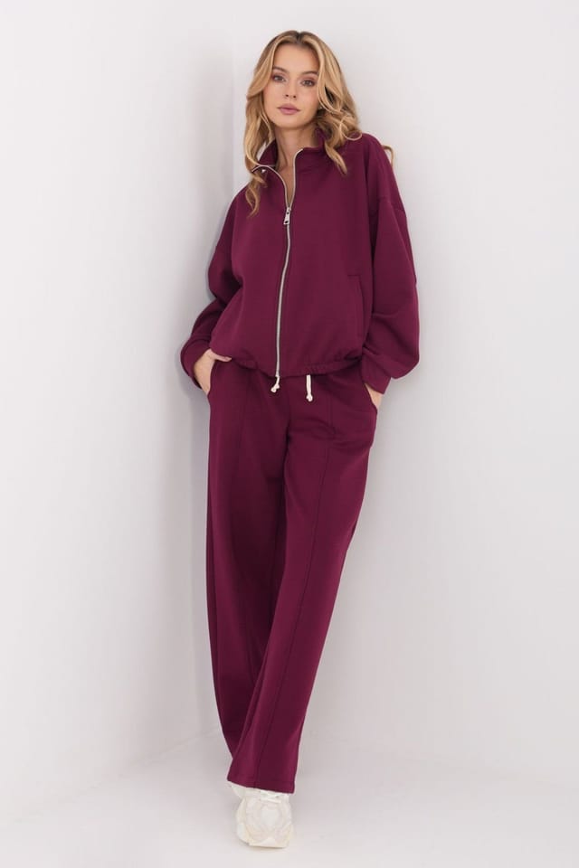 Love Lace Love Lace Women's High Waist Wide Leg Sweatpants with Tie in Burgundy - 2