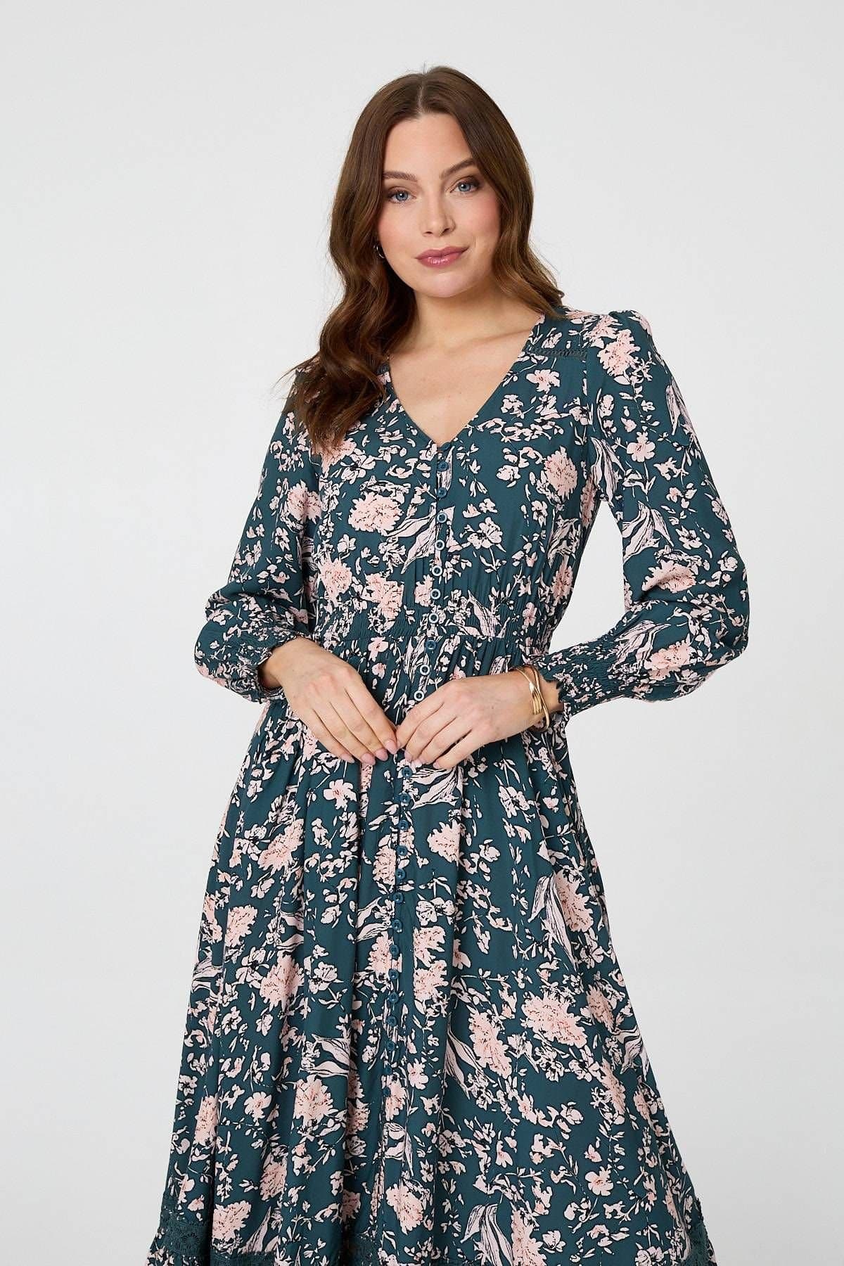Izabel London Izabel London Women's Floral Long Sleeve Lace Maxi Dress in Teal