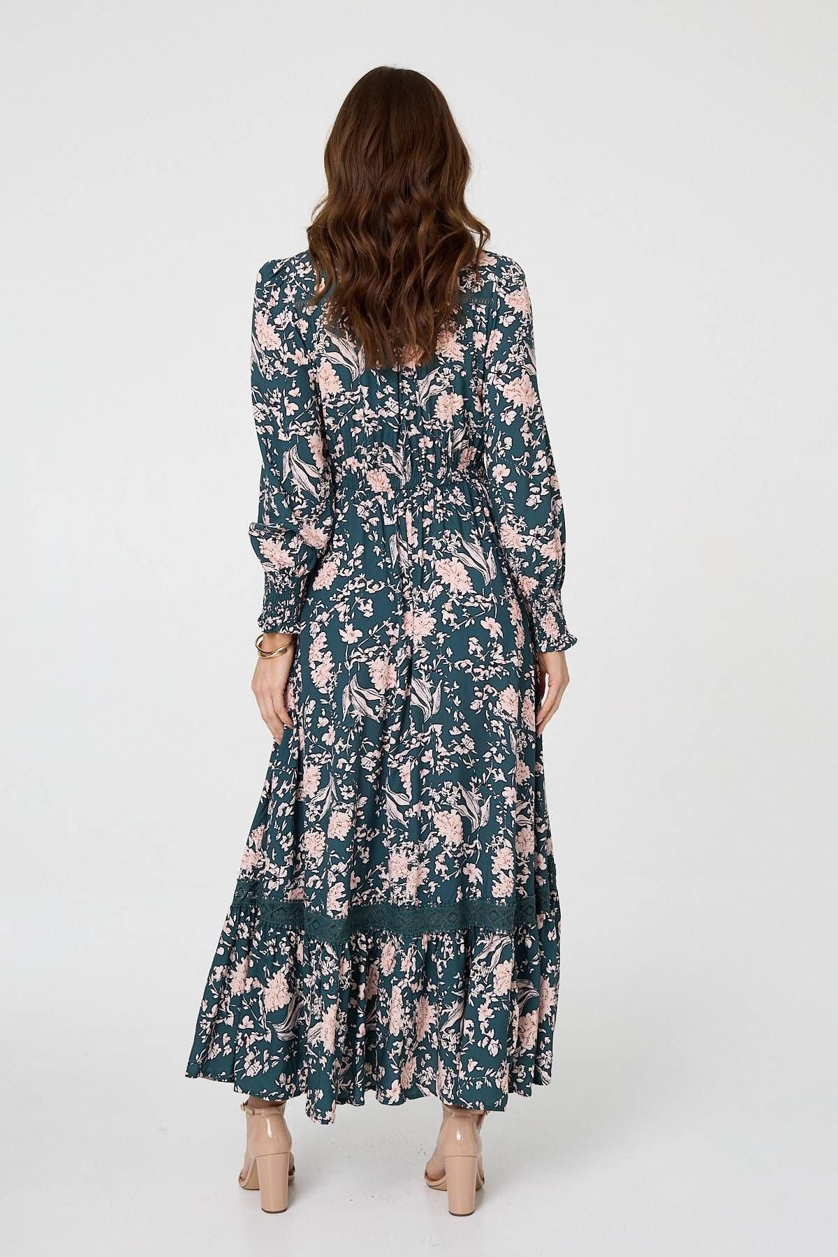 Izabel London Izabel London Women's Floral Long Sleeve Lace Maxi Dress in Teal - 4