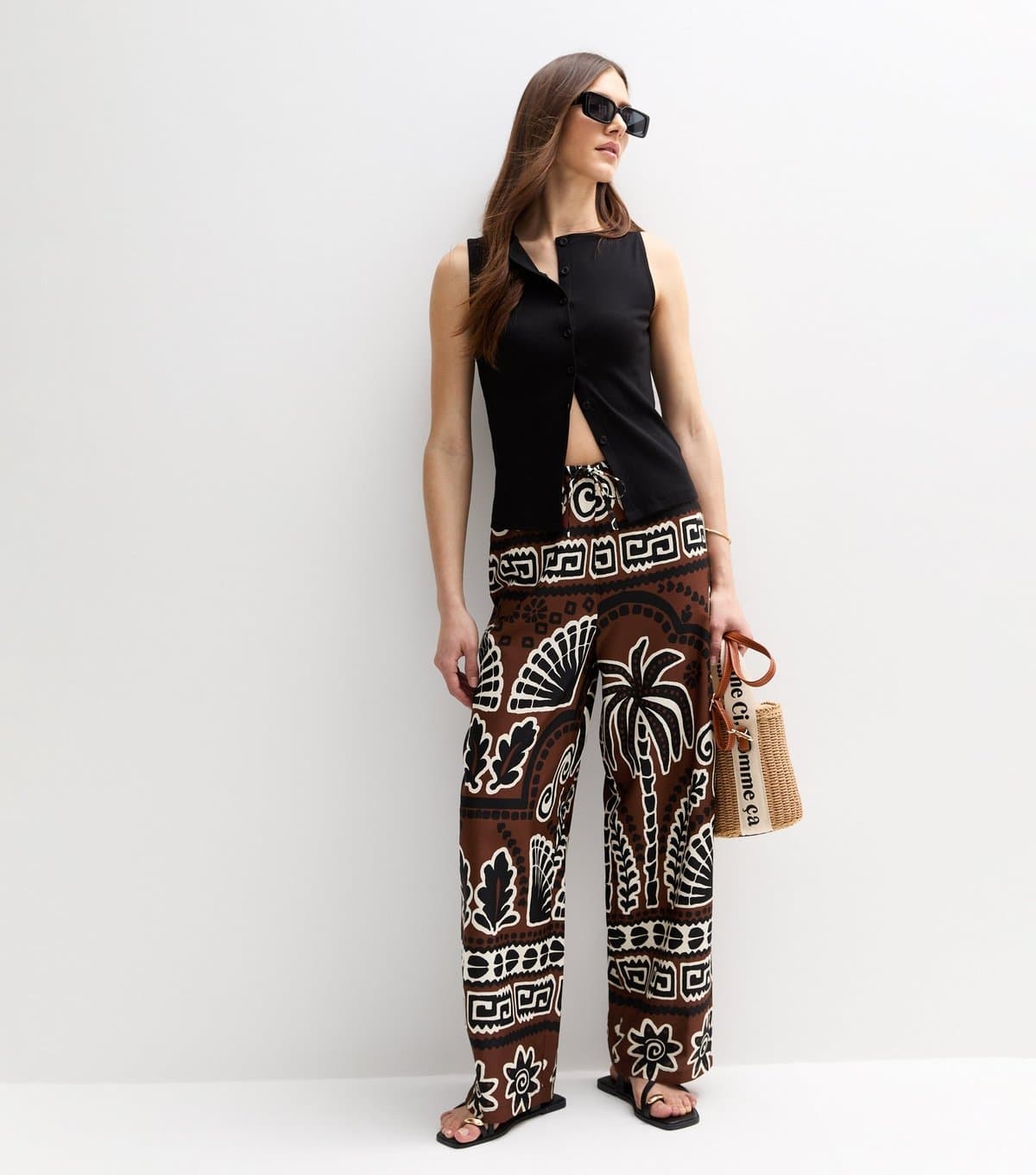 New Look Women's Brown Palm Tree Print Wide Leg Trousers New Look