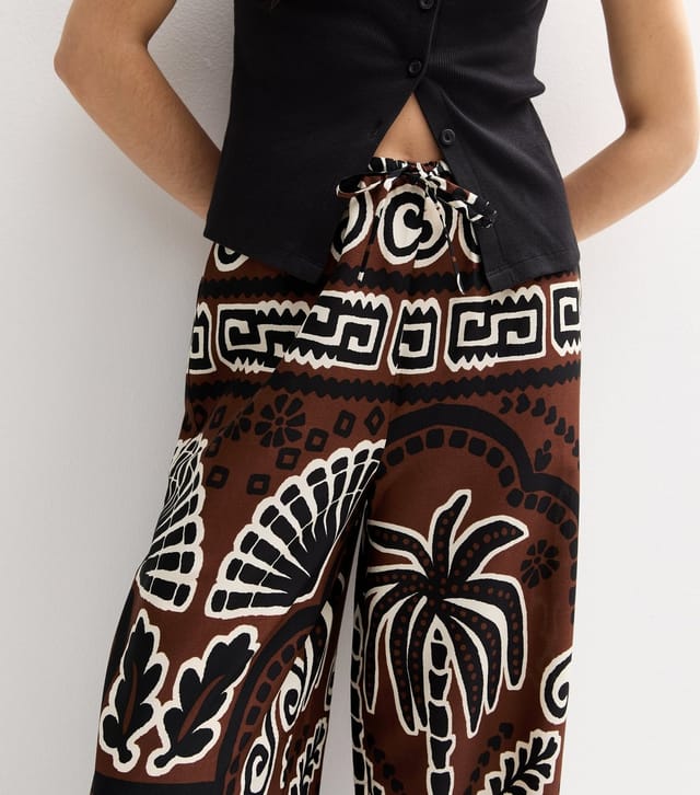 New Look Women's Brown Palm Tree Print Wide Leg Trousers New Look - 2