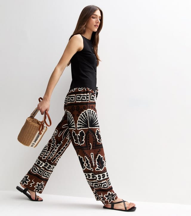 New Look Women's Brown Palm Tree Print Wide Leg Trousers New Look - 3