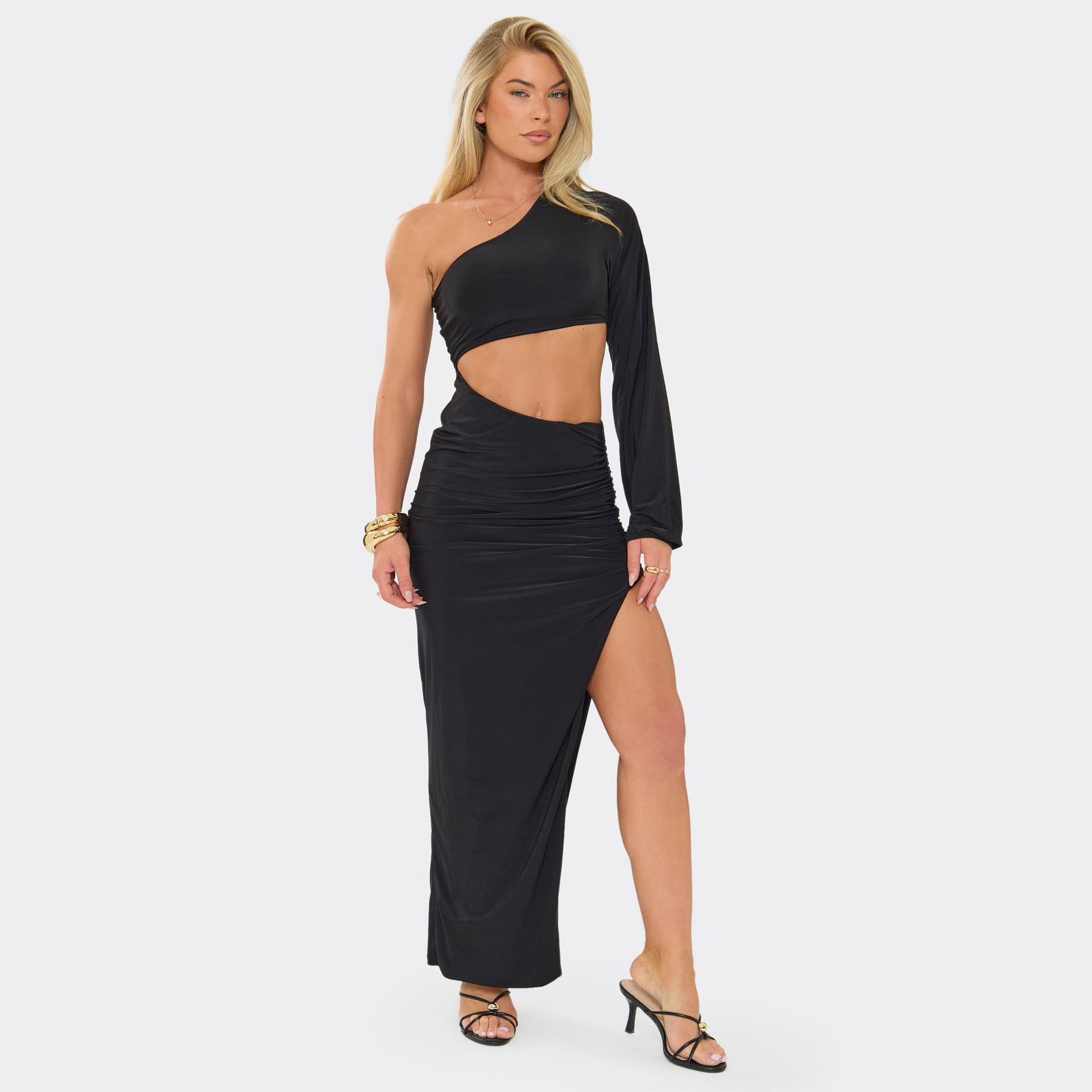 EGO Off The Shoulder Cut Out Split Leg Maxi Dress In Black., Women's Size UK 6