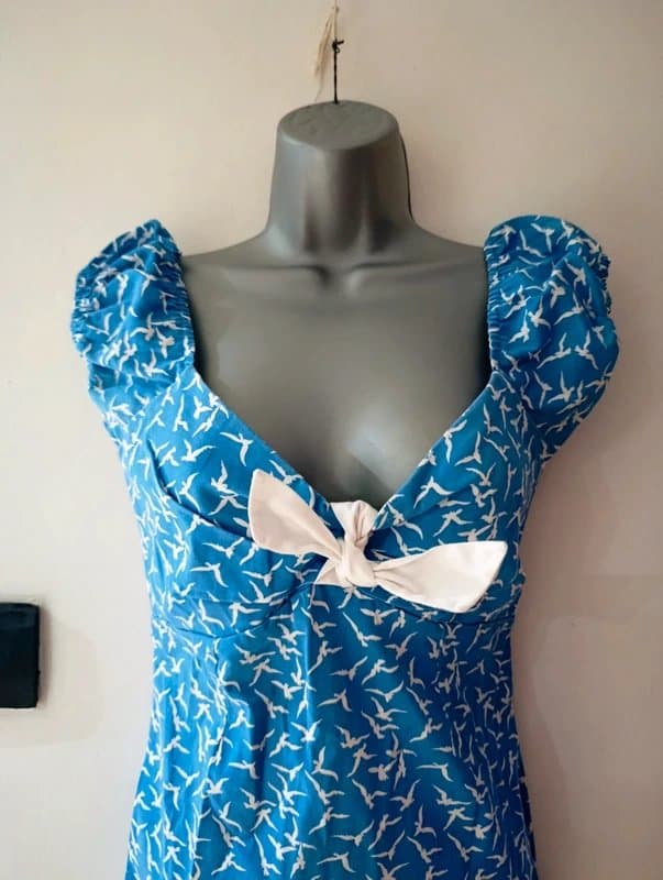 Collectif Original Collectif Blue Bird Print Wiggle Pencil Dress UK 8 Rockabilly Pin Up Retro Puff Sleeve