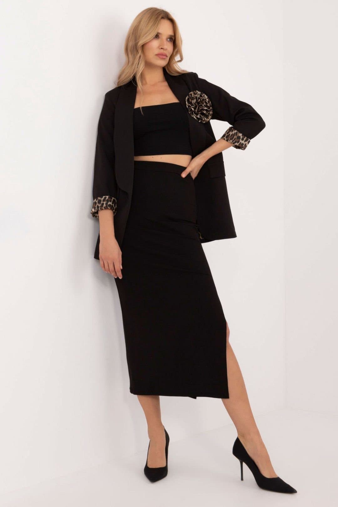 Love Lace Love Lace Women's Ribbed Pencil Midi Skirt with Front Slit in Black