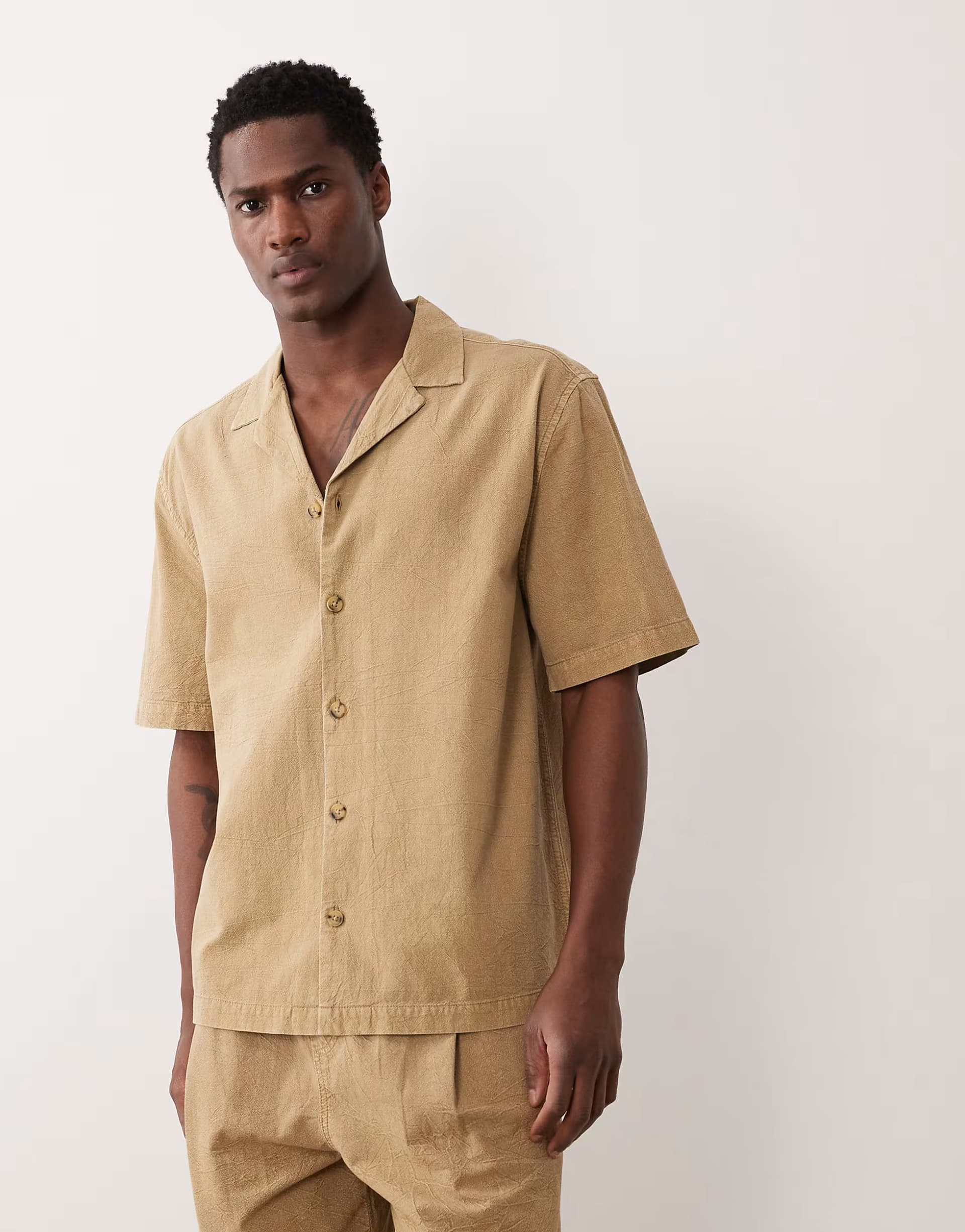 ASOS ASOS DESIGN co-ord textured revere shirt in beige