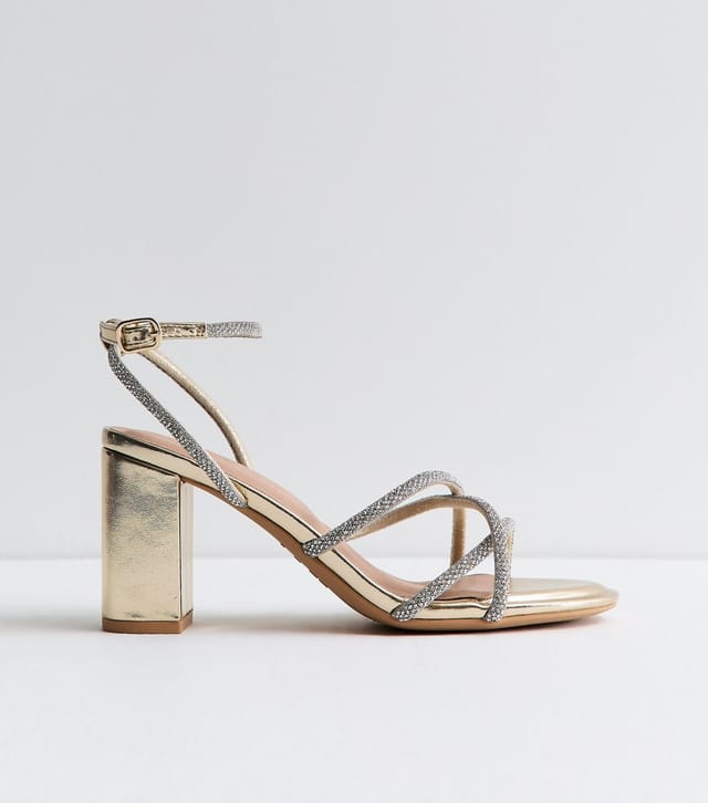 New Look Women's Wide Fit Gold Diamanté Strap Block Heel Sandals Vegan New Look - 2